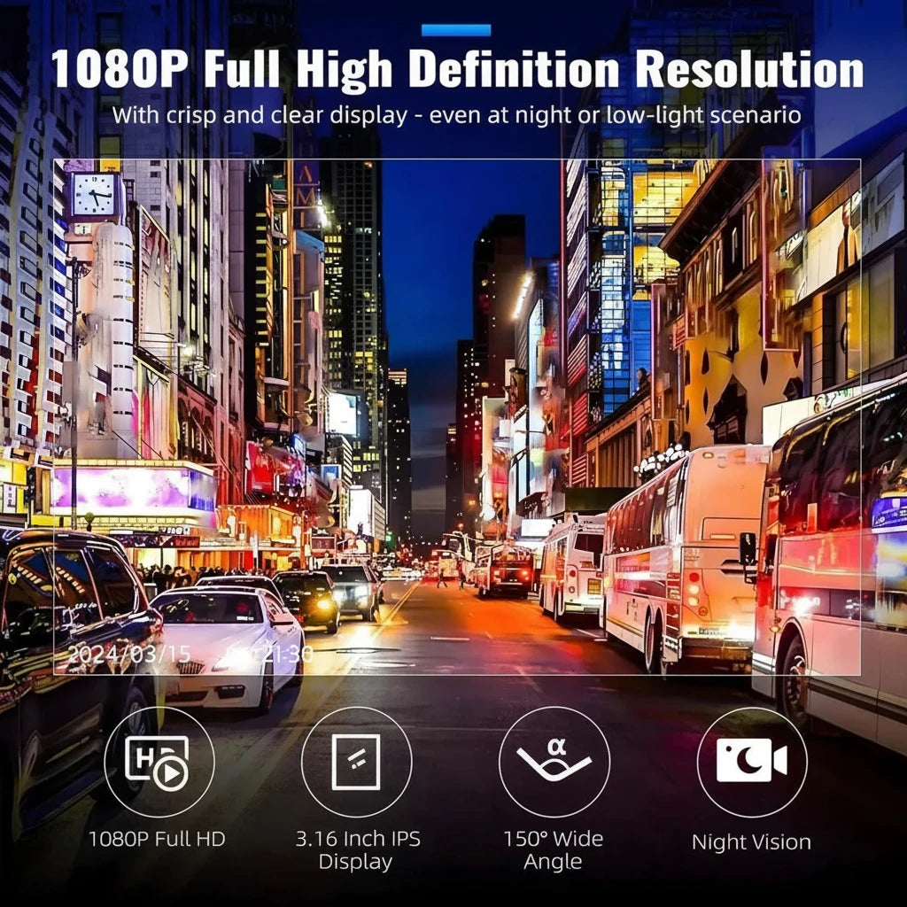 1080P Dual Lens Dash Cam | Front & Rear Night Vision | G-Sensor | 3.16" IPS Display